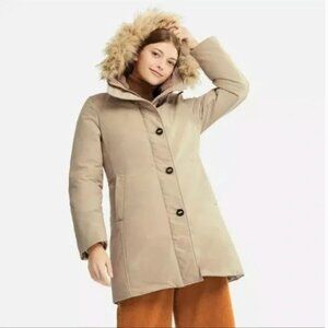 Uniqlo Women Ultra Warm Down Short Coat Parka Heattech Jacket Fur Hood Beige XS